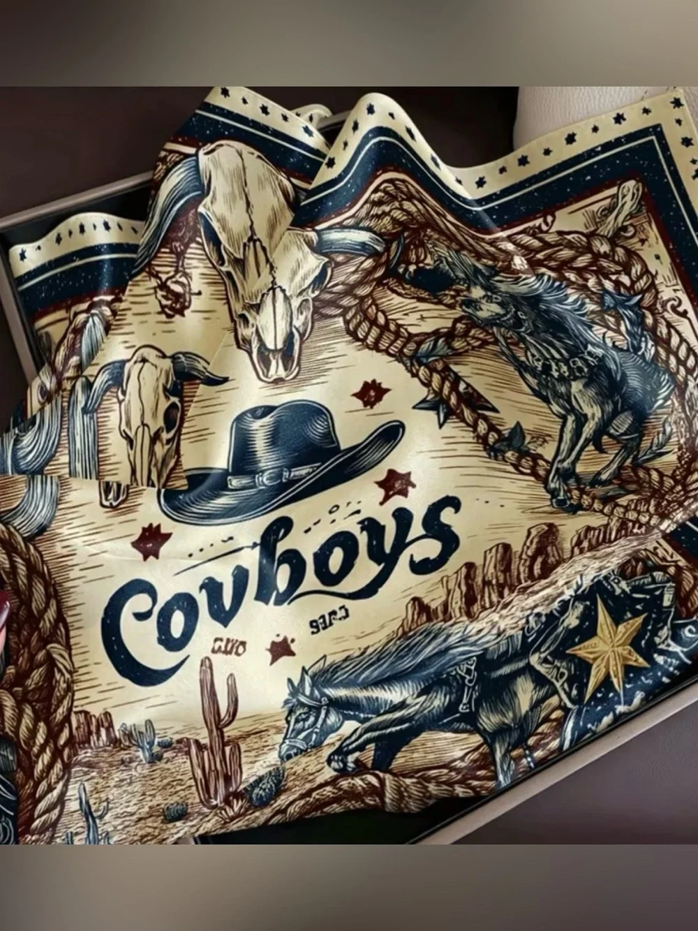 Cowboy Western Print Men's Scarf in Cream and Brown